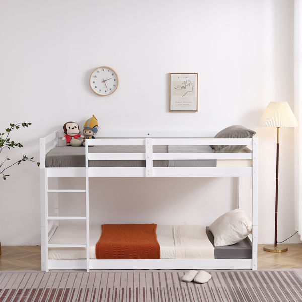 白色 油漆面 松木+胶合板 头尾横撑护栏 Twin 儿童木床 直梯 可拆分成单层床 双层床-28