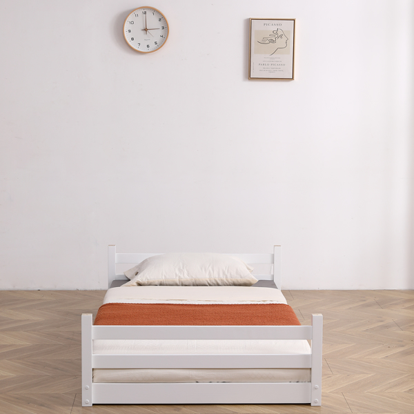 白色 油漆面 松木+胶合板 头尾横撑护栏 Twin 儿童木床 直梯 可拆分成单层床 双层床-43