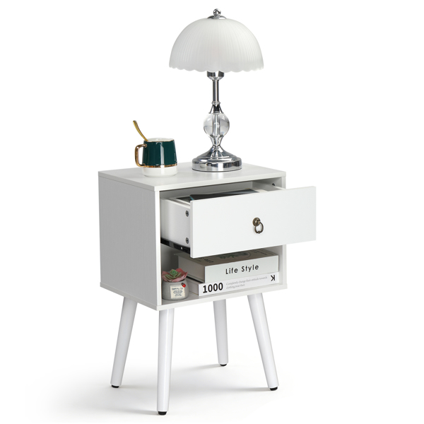 白色 P2刨花板+实木腿 贴麻面三胺 拉环拉手 38*30*55cm 一抽带下隔层 床头柜 1PC-13