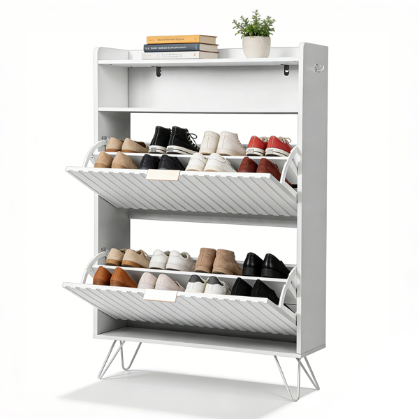 格栅面带挡板2斗加顶翻盖抽屉2挂钩高脚 鞋柜 刨花板柜体 密度板吸塑门 80*24*120cm  白色-4