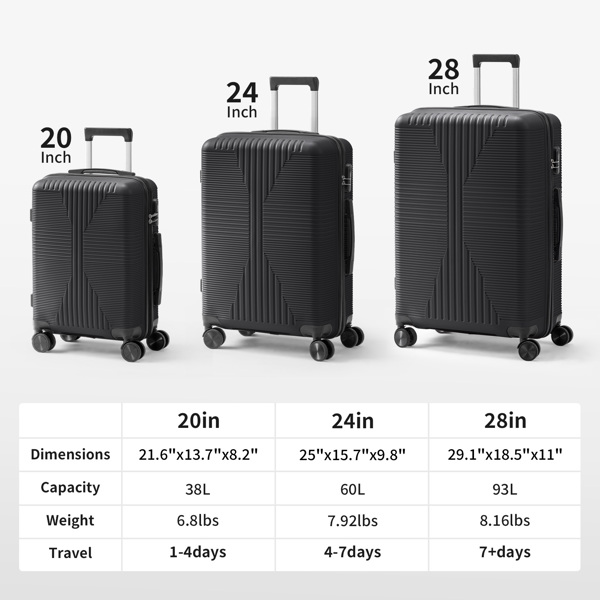 非TSA海关锁三合一 PP拉杆箱 20in 24in 28in PP 黑色-19