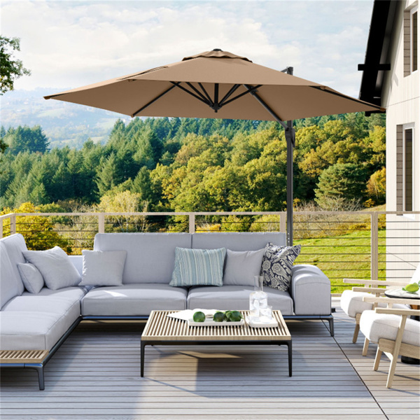 9x8.2FT悬臂式露台伞，双层通风偏置伞，用于花园游泳池-棕色-7