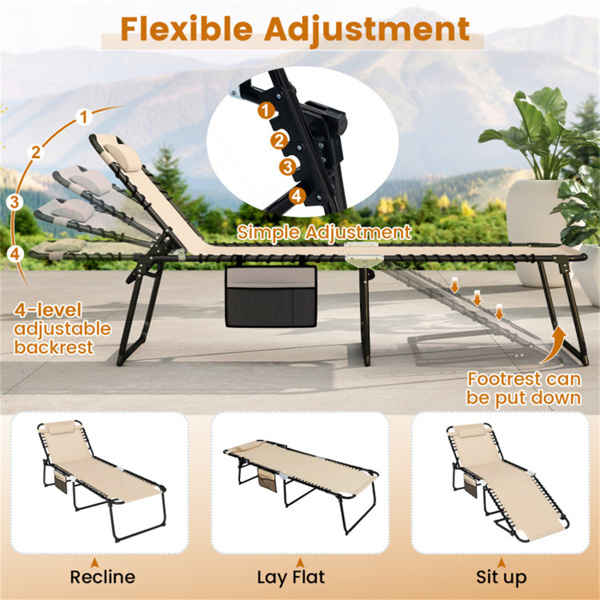 超大露台躺椅休息室，27英寸宽，4位可调节靠背，米色折叠晒黑椅-4