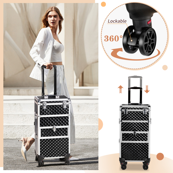 2合一带LED三色变化灯 USB双插口双线 滑轨前抽 平面左抽可拆卸万向轮 铝制 钻石纹 黑色 化妆箱 34*24*72.5cm-8