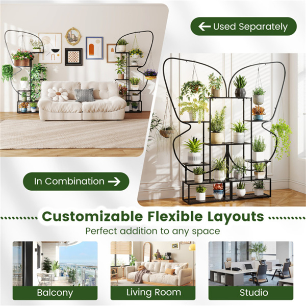 6层蝴蝶形金属植物支架，2件套，带挂钩，可调节脚垫，黑色-5