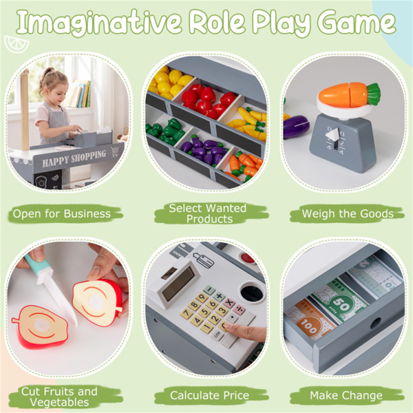 灰色木制儿童超市玩具套装，带自动售货机，90.17×78.74×104.14cm杂货店玩具，带购物车，3人+-11