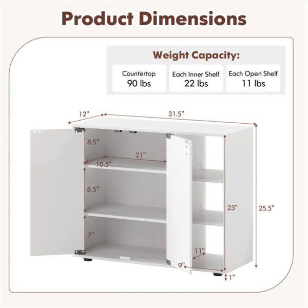 可调节货架鞋柜，2门封闭式+3层开放式入口储物柜-白色-4