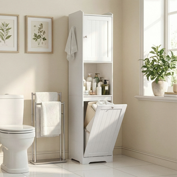 白色 刨花板三胺贴面 竖纹 40*40*180cm 1门+带无纺布收纳袋下翻门抽 浴室立柜