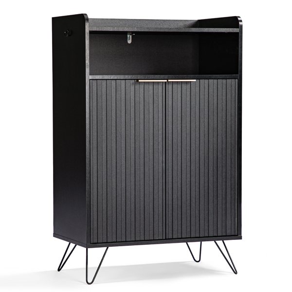 格栅面带挡板2门加顶部开放空间带2钩高脚 鞋柜 刨花板柜体 密度板吸塑门 68*40*106m  黑色-3