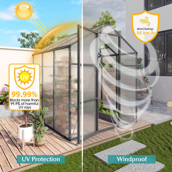 新款上市的增高型防风铝合金温室，尺寸为 6x6 英尺，采用聚碳酸酯面板，配备加高底座和地锚，是一款坚固耐用的步入式温室，适合四季户外庭院使用。--不支持self-pick up且不支持指定仓库发货-11