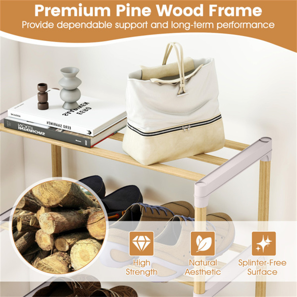 4层实心松木鞋架可堆叠设计，每架33LBS通风板条架，自然+灰色-10