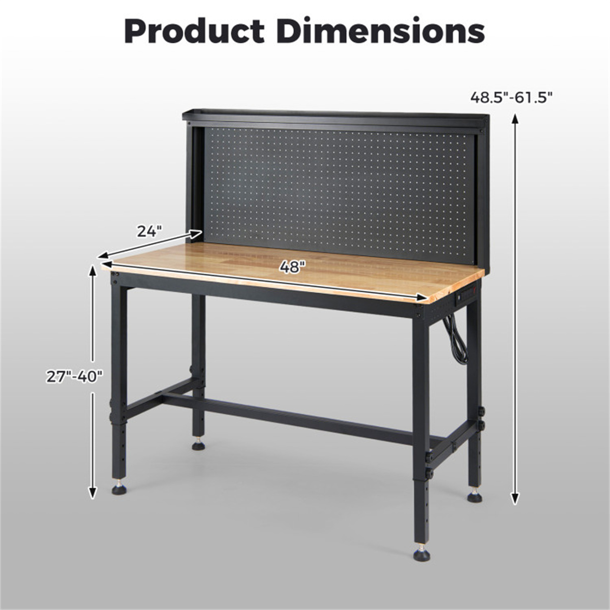 48″ Heavy-Duty Workbench 2000LBS Capacity 7-Level Height Adjustable with Built-in Power Strip view 3
