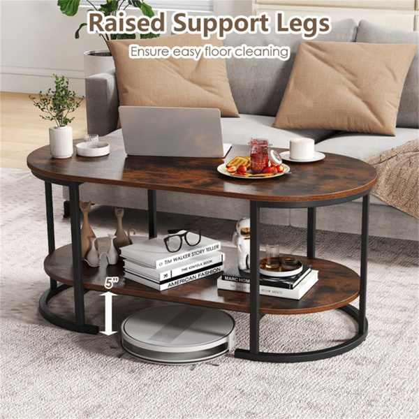 双层咖啡桌，带金属框架，100×50×45厘米机器人真空友好型梳妆台，客厅办公室可容纳88磅-棕色-9