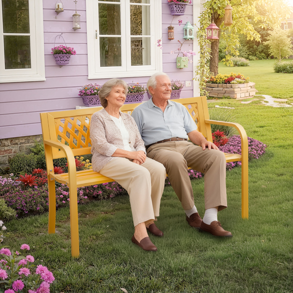 47in PVC网格靠背 黄色 铁长椅-3