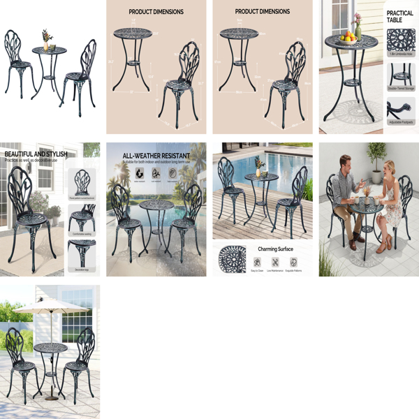 2pcs单人椅和1pc圆桌  郁金香花型 铜绿色 铸件套装-10