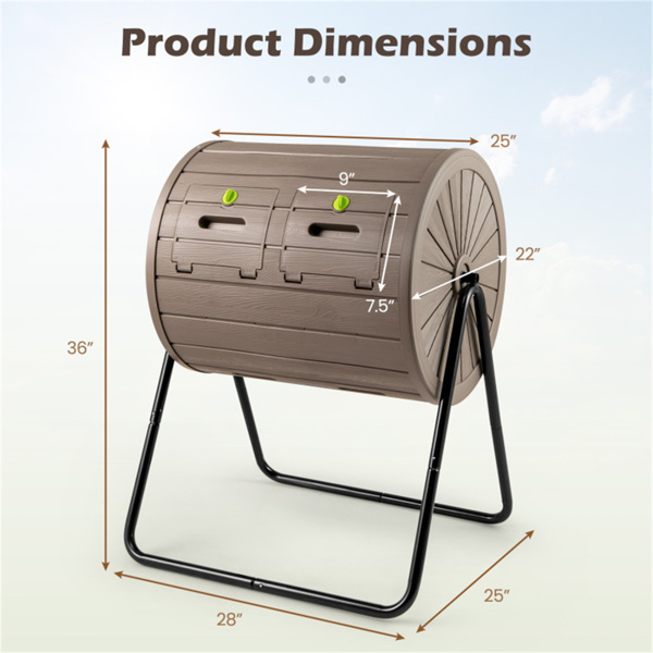 咖啡色双室堆肥滚筒37.5Gal 360°旋转堆肥箱，带搅拌叶片，用于花园-3