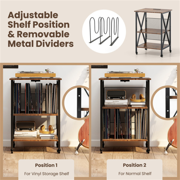 带充电站的唱片播放器支架，3层可调节架滚动转台支架-8