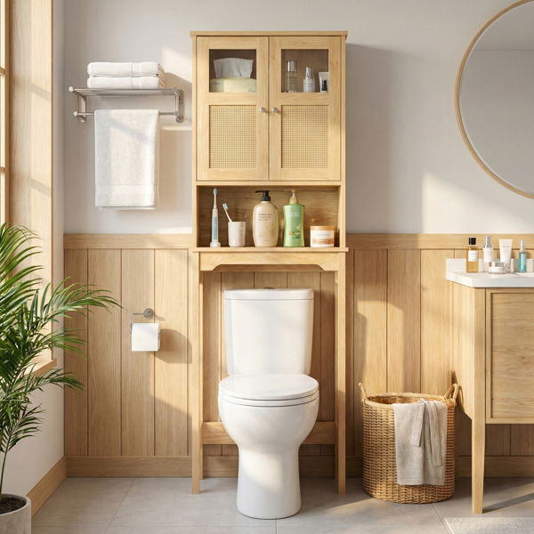 原木色   刨花板三胺贴面带藤面 60*22*170cm 双门 马桶柜-8