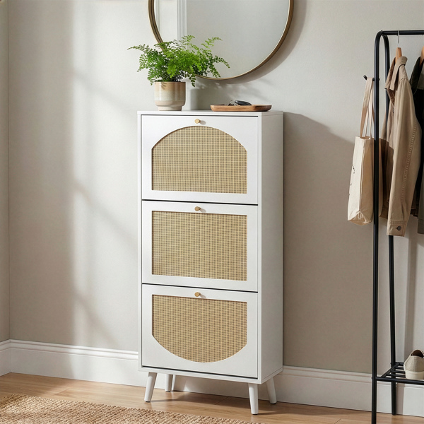 藤面3翻斗 鞋柜 刨花板 54*24*135 cm  白色-1