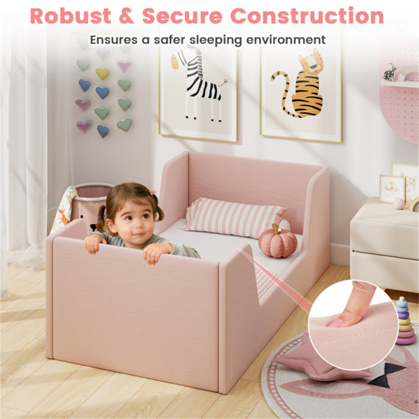 粉红色软垫幼儿床天鹅绒木制板条框架，适合儿童，无床垫-8