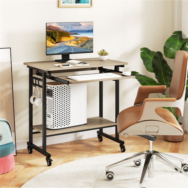 灰色移动电脑桌，带键盘托盘和储物架，360°可锁定脚轮，适用于家庭办公室-10