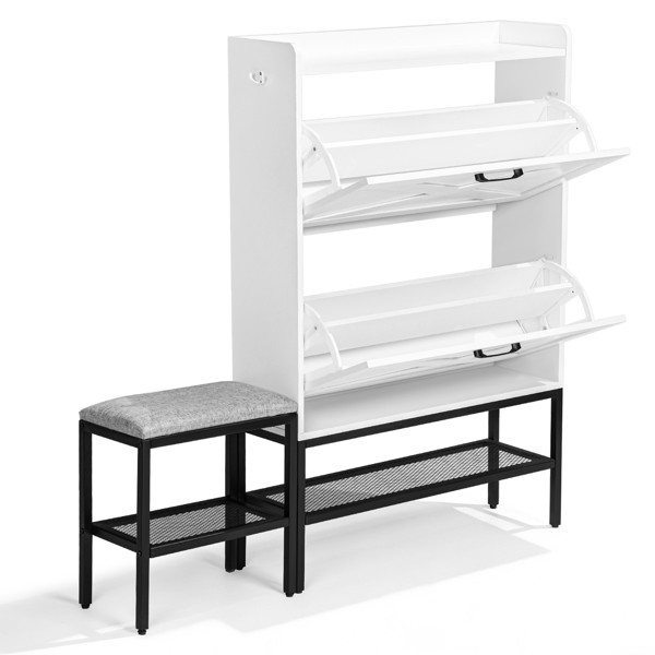 谷仓门2翻斗带挡板铁网铁脚带软垫换鞋凳1挂钩 鞋柜 刨花板 120*24*120cm  白色-2