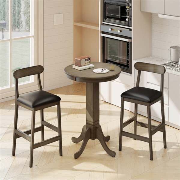 2件农舍酒吧凳，座高29.5英寸，橡胶木框仿皮酒吧椅，橡木+黑色-6