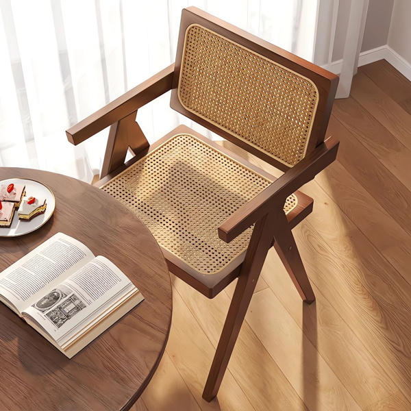 现代中世纪餐厅椅，藤条装饰椅，舒适扶手椅，带扶手的户外木椅，卧室、客厅、阅览室、餐厅厨房，棕色--不支持self pick up且不支持指定仓发货-4