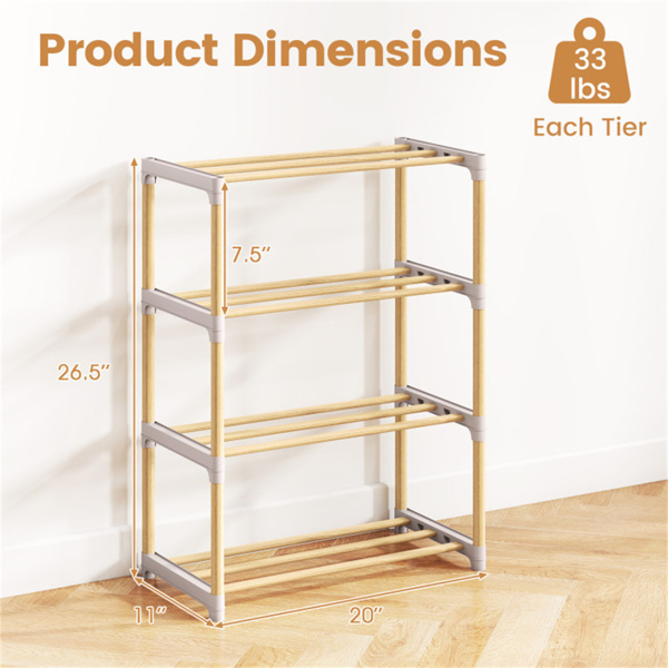 4层实心松木鞋架可堆叠设计，每架33LBS通风板条架，自然+灰色-4