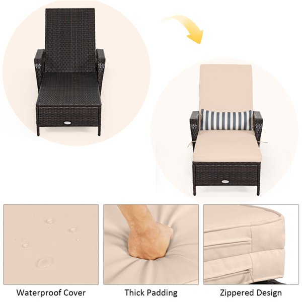 6-Gear可调节露台躺椅休息室，200.66×73.66厘米棕色PE柳条躺椅，带米色垫子，可容纳400磅室外池畔-3