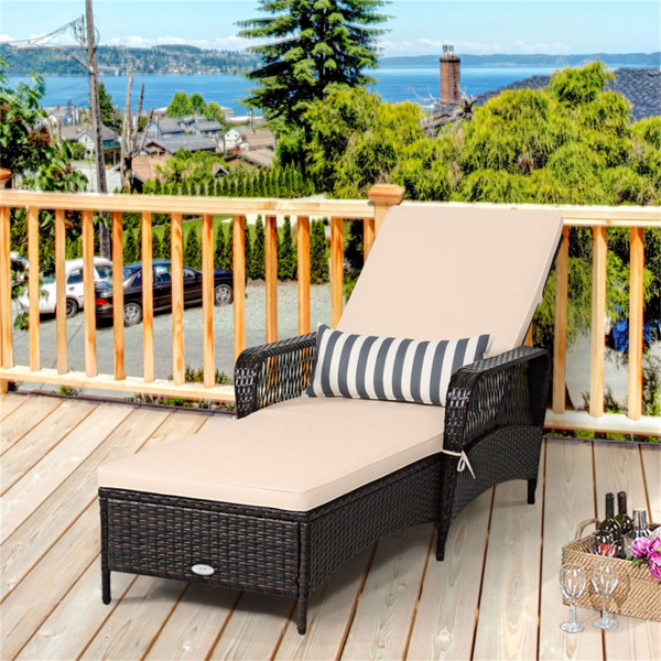 6-Gear可调节露台躺椅休息室，200.66×73.66厘米棕色PE柳条躺椅，带米色垫子，可容纳400磅室外池畔-8