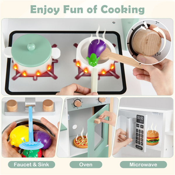 儿童木制游戏厨房，配有13个配件，3人以上带黑板的假装烹饪套装，绿色+白色-11