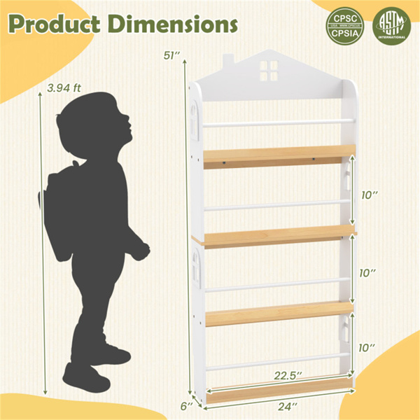 4层房屋形儿童书架，60.96×15.24×129.54 cm正面书架，带3年以上防倾倒套件，白色和天然色-5