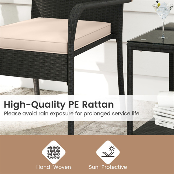 3件套露台PE柳条小酒馆套装，钢化玻璃双层边桌户外椅子套装-米色-7