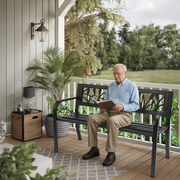 49in PVC郁金香靠背 黑色 铁长椅-5