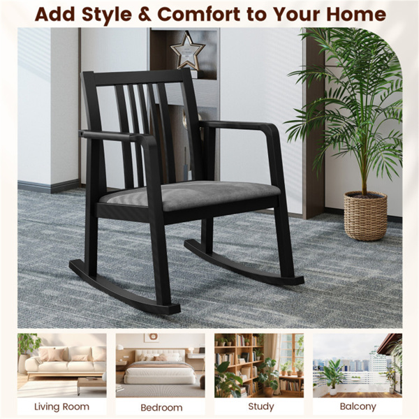 实心橡胶木摇椅，承重400磅，带亚麻垫的室内休闲椅-自然色-10