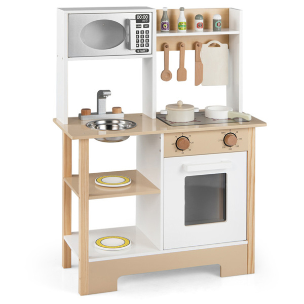 儿童木制游戏厨房，配有13个配件，3人以上带黑板的假装烹饪套装，白色+自然色-2