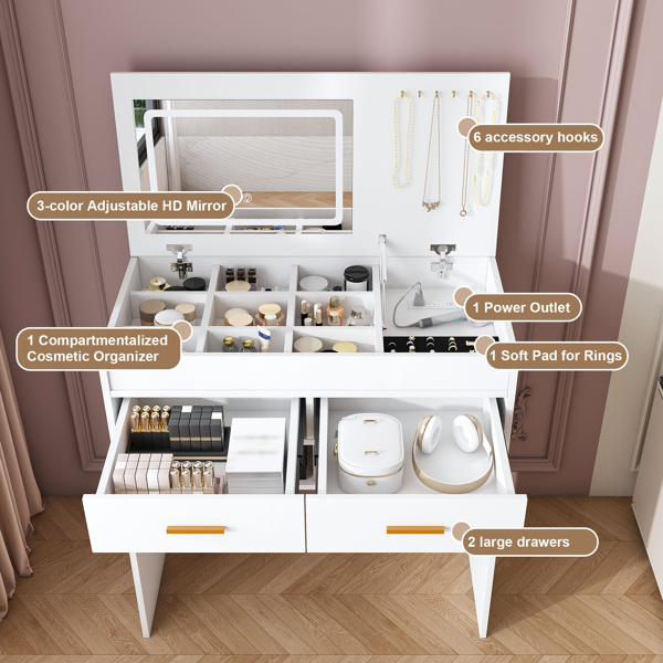 翻盖式梳妆台，带LED照明镜子和内置电源插座 - 化妆桌，配有两个抽屉、开放式储物空间和首饰挂钩（不含凳子，白色）不支持self-pick up且不支持指定仓库发货-6
