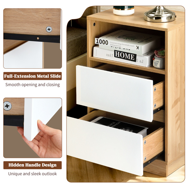 白色+橡木色 P2刨花板 贴麻面三胺 抽屉斜封边 40*30*60cm 两抽带上隔层 床头柜 1PC-3