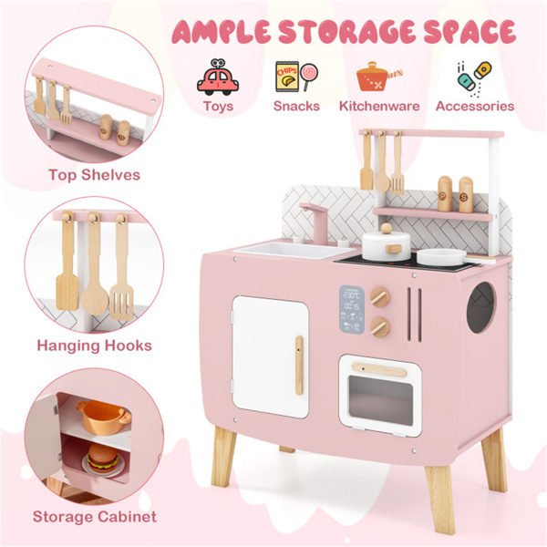 木制儿童厨房玩具套装，配有厨具配件、储物柜和幼儿挂钩-7