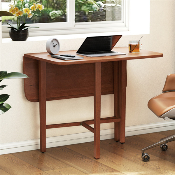 节省空间的圆形转角餐桌，可容纳2-4个自然木纹折叠餐桌-胡桃色-5