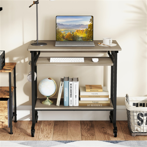 灰色移动电脑桌，带键盘托盘和储物架，360°可锁定脚轮，适用于家庭办公室-6