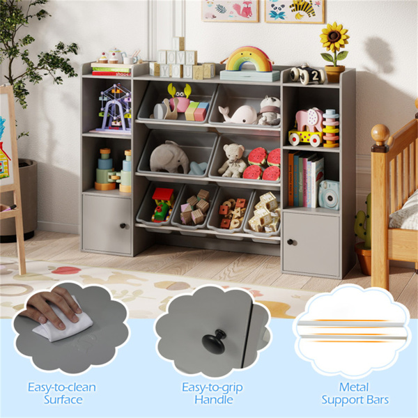 灰色儿童玩具收纳柜，配备8个储物箱，防倾倒设计，开放式货架，可存放3年以上-10