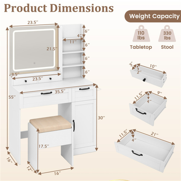 多功能梳妆台，带吹风机架，储物凳化妆台，适合家庭美容组织者-3