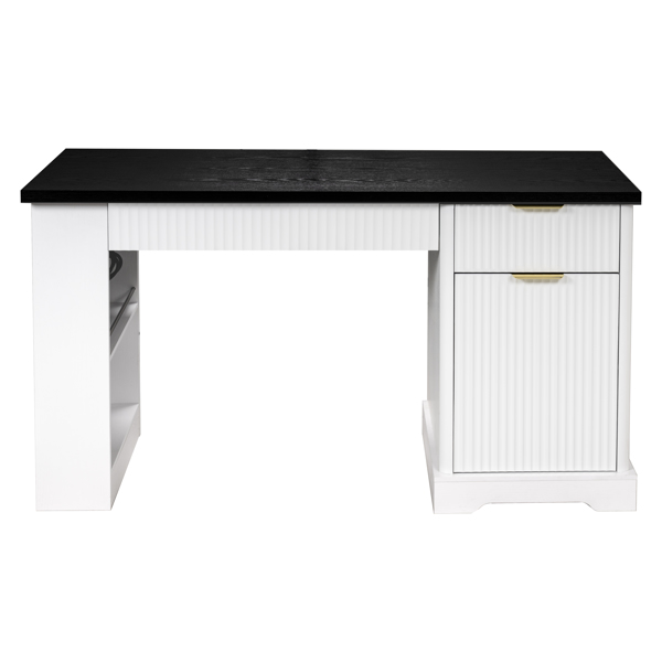 55英寸现代凹槽办公桌，带储物柜和抽屉，电脑书桌，带电源插座、挂板、内置搁板和键盘托盘，适用于书房、客厅、家庭办公室，白色-17