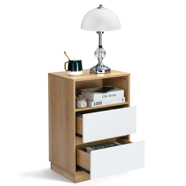 白色+橡木色 P2刨花板 贴麻面三胺 抽屉斜封边 40*30*60cm 两抽带上隔层 床头柜 1PC-13