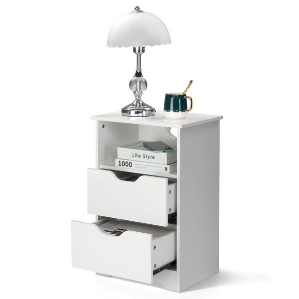 白色 P2刨花板 贴麻面三胺 无拉手 40*30*60cm 两抽带上隔层 床头柜 带欧规电源 1PC-19