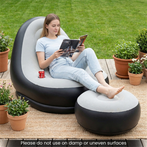 奥斯曼式充气沙发套装，104.14×127×90.17cm植绒PVC充气沙发，容量220LBS，带杯架，灰色+黑色-11