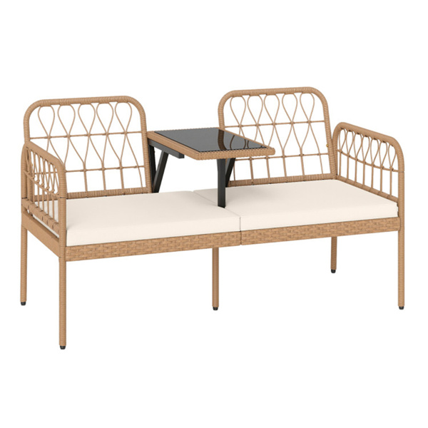 2人户外PE藤条沙发，带钢化玻璃咖啡桌，可容纳800磅的露台和花园座位-2