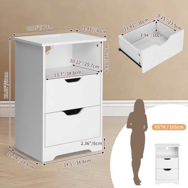 白色 P2刨花板 贴麻面三胺 无拉手 40*30*60cm 两抽带上隔层 床头柜 带欧规电源 1PC-25